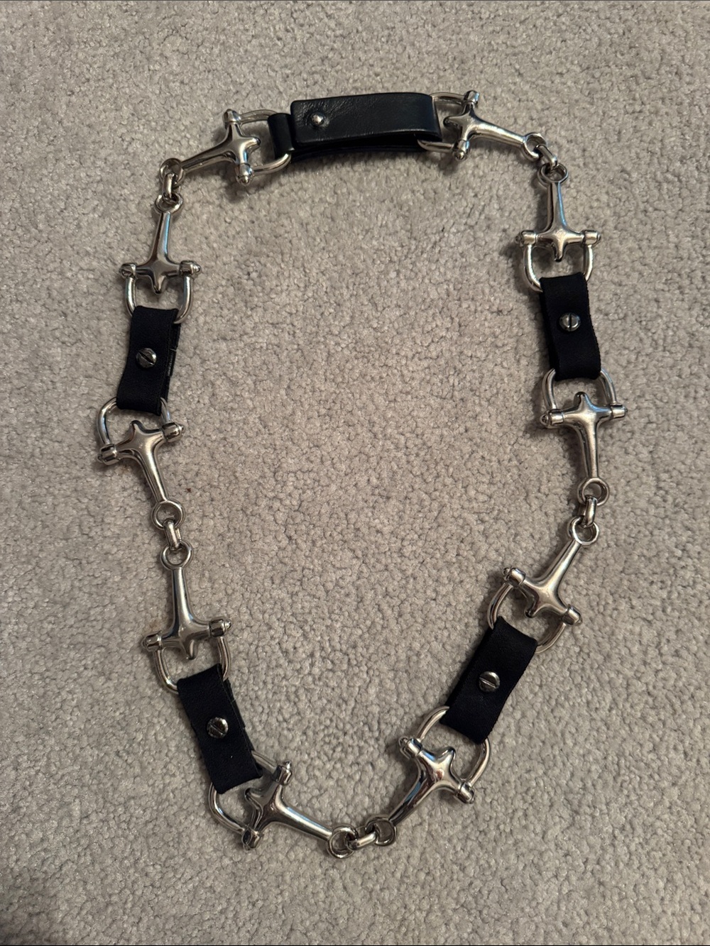 Suzi Roher Black Leather and Silver-Tone Horse bit Snaffle Belt Large